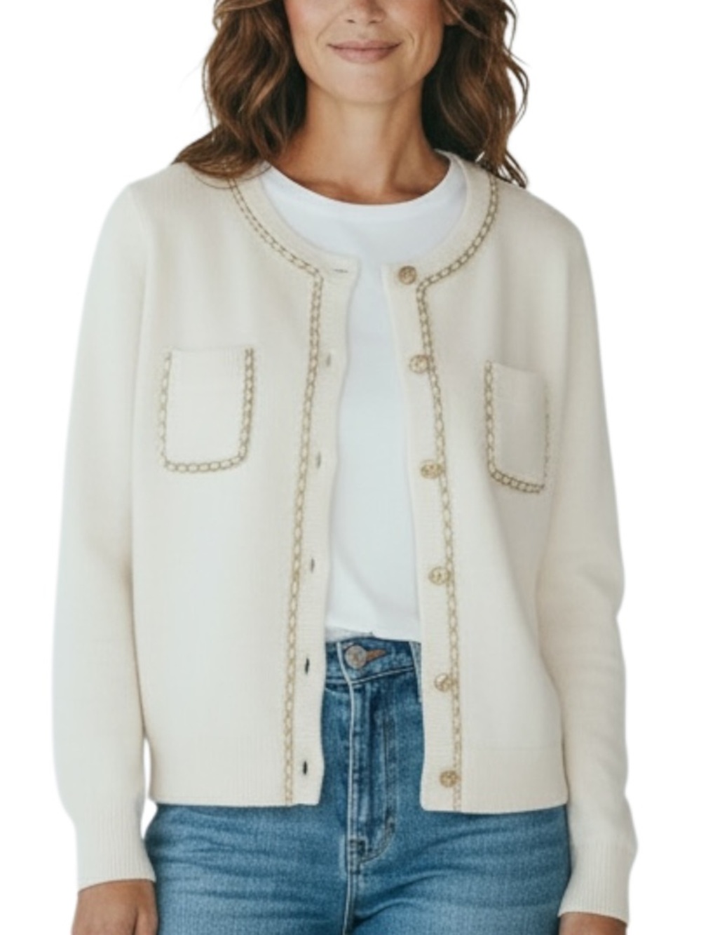 Nanette Lepore White Cardigan Gold Chain Trim Knit Button Sweater Size M